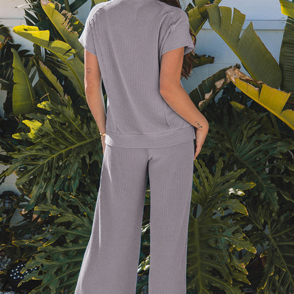 Luxury Solid Corded Knit Short Sleeve T Shirt and Wide Leg Pants Set