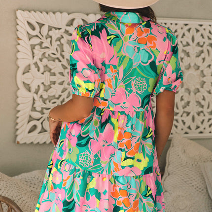 Floral Puff Sleeve Collar Buttoned Babydoll Dress