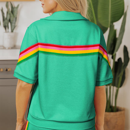 Luxury Rainbow Colorblock Collared Short Sleeve Top 2 Piece Shorts Set