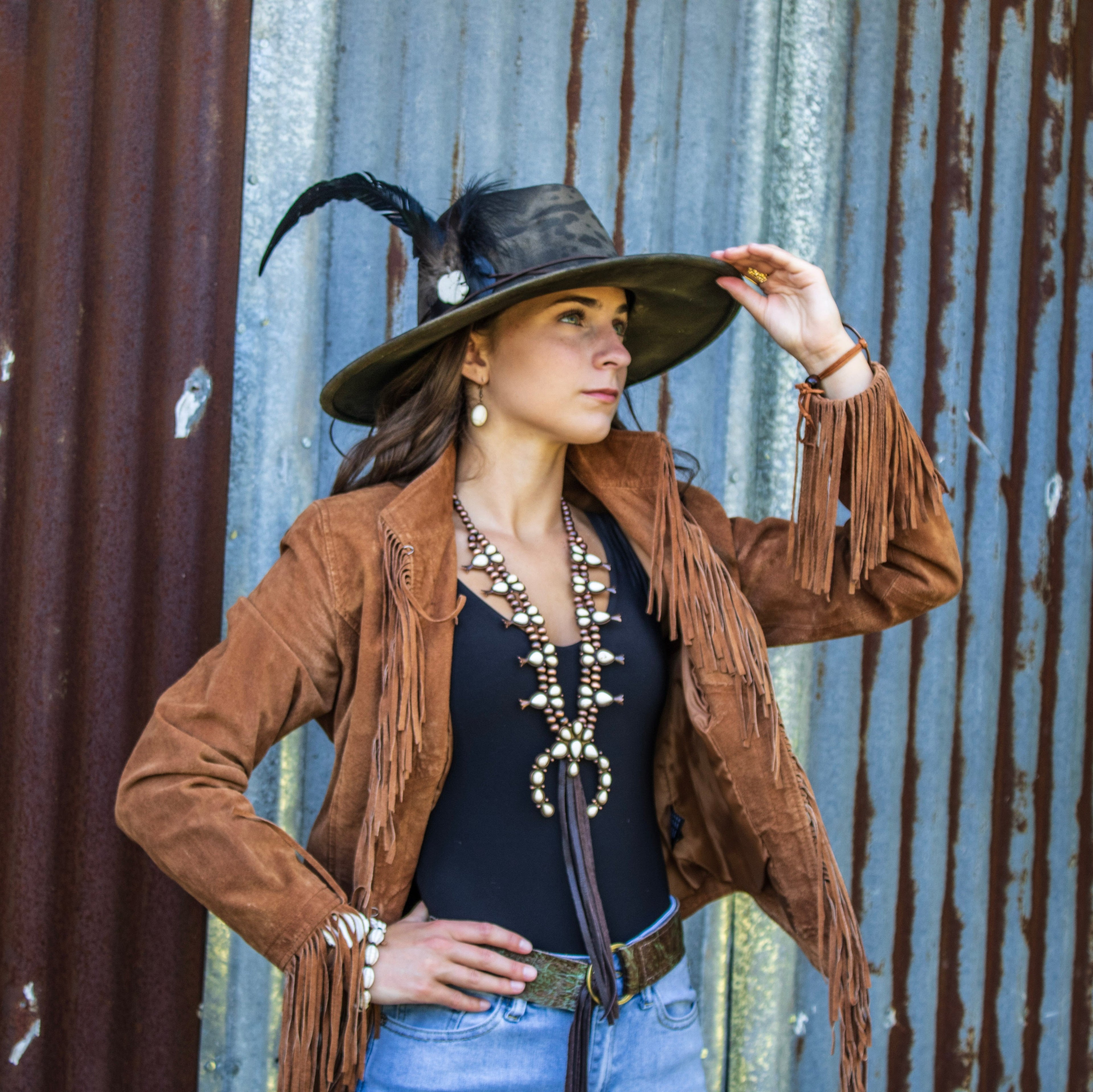 **White Turquoise Squash Blossom Necklace w/ Dark Brown Tassel 261z