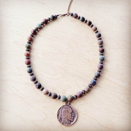 Genuine Picasso Jasper Collar Necklace w/ Indian Head Pendant 261h