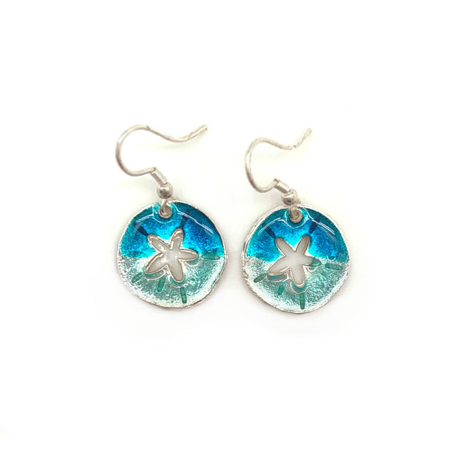 Pewter Earrings with Color Enamel - Teal/Aqua Sand Dollar
