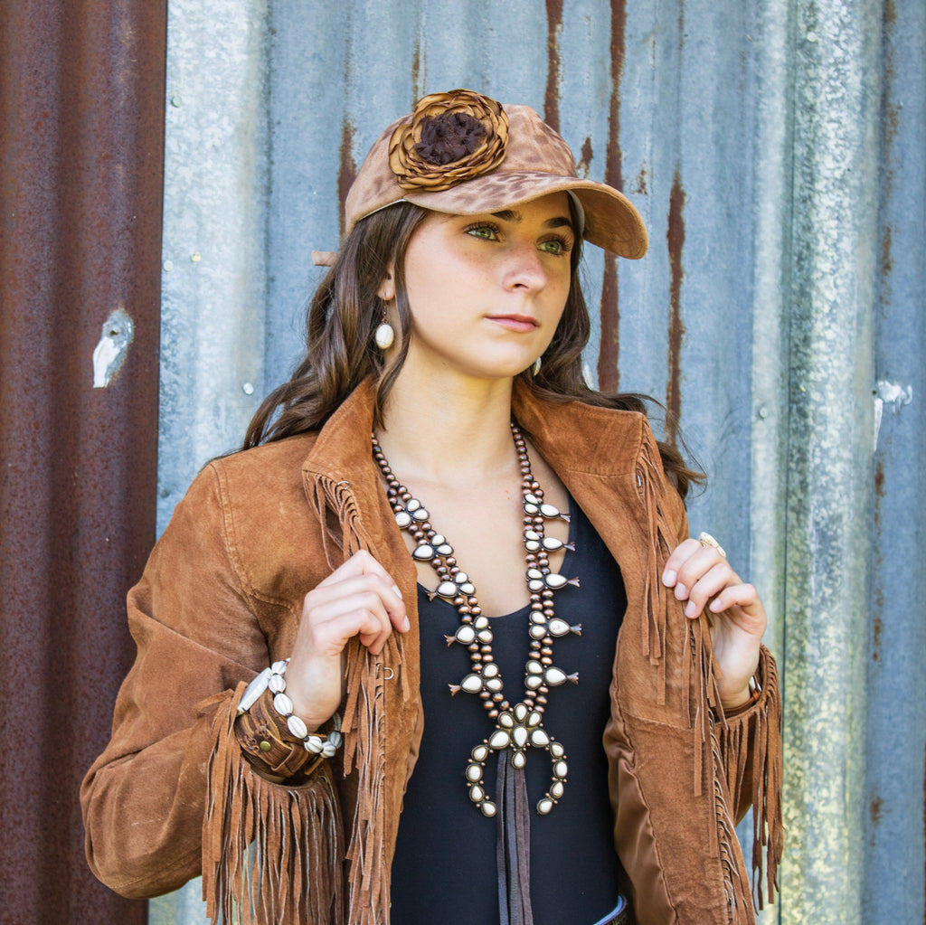 Hand-Painted Leopard Suede Baseball Cap w/ Flowers Tan 986L