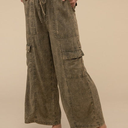 Washed Linen Elastic Band Waist Cargo Pants