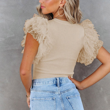 Luxury Dotty Mesh Ruffle Sleeve Ribbed Knit Top