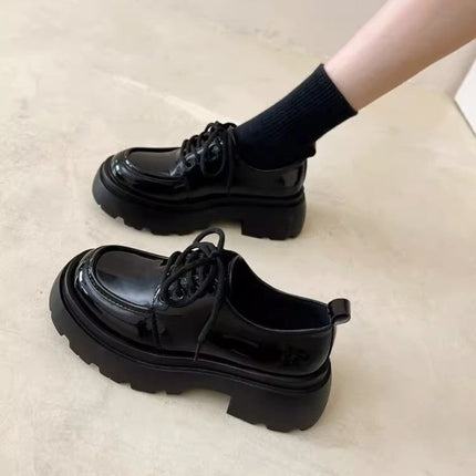 Women’s British Style Chunky Sole Leather Shoes – Trendy Loafers with Elevated Heel