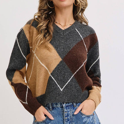 Charcoal Wine Camel  V-Neck Argyle Sweater