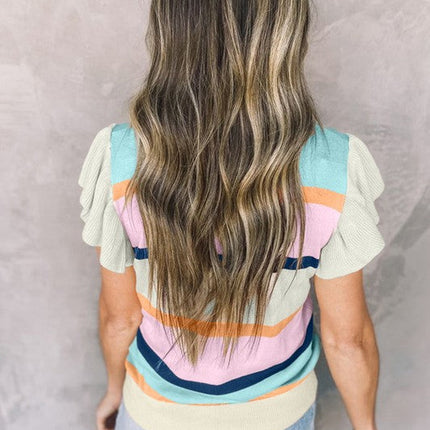 Multicolour Striped Colorblock Flutter Sleeve Knit