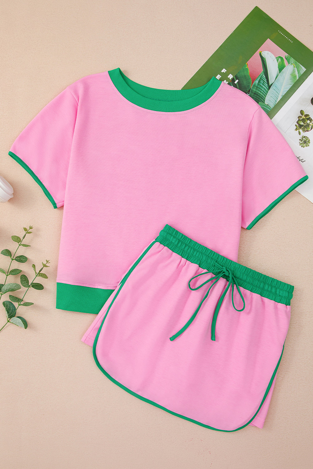 Luxury Colorblock Edge Drop Shoulder T Shirt and Skort Set