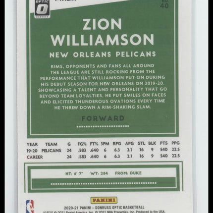 2020-21 Donruss Optic #40 Zion Williamson Fast Break Holo