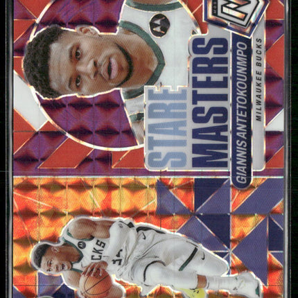 2023-24 Panini Mosaic #13 Giannis Antetokounmpo Stare Masters Mosaic Purple #/99