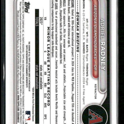 2024 Bowman Chrome #CPA-AR Adriel Radney Prospects Autographs Refractors #/499
