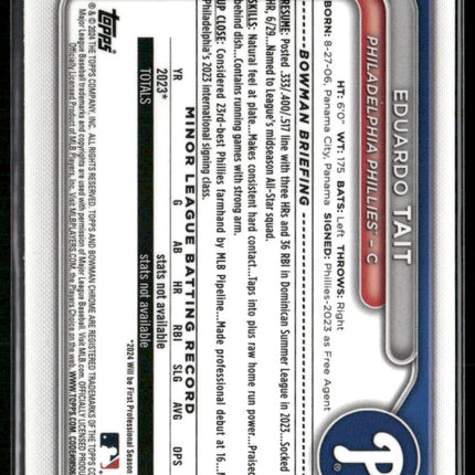 2024 Bowman Chrome #BCP-164 Eduardo Tait Prospects Aqua Refractors #/125
