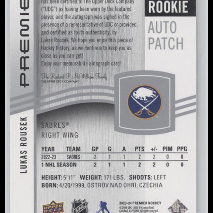 Lukas Rousek 2023-24 Upper Deck Premier #AR-LR Acetate Rookie Auto Patch #/249