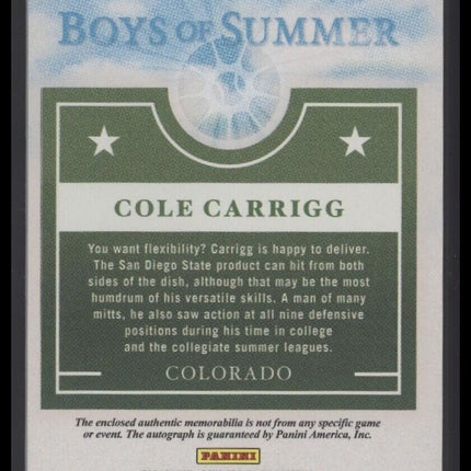 Panini Boys of Summer Cole Carrigg Prospect Material Signatures Holo Silver #/25