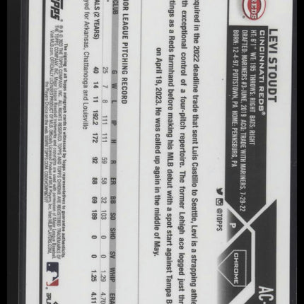 2023 Topps Chrome Update #AC-LS Levi Stoudt Autographs Refractor #/499