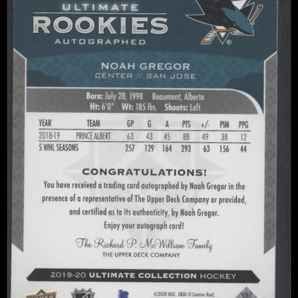2019-20 Upper Deck Ultimate Collection #156 Noah Gregor #/299