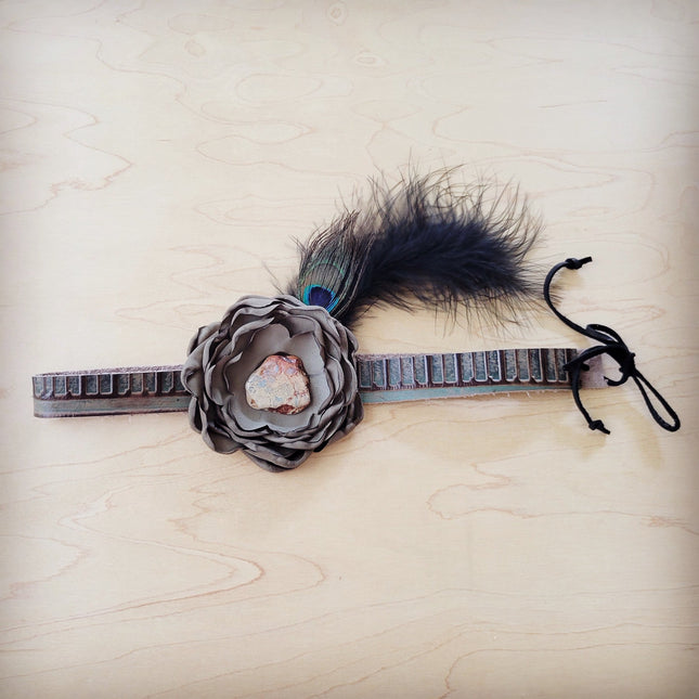 Leather Hat Band w/ Silk Flower & Feathers-Olive (Band Only) 952z