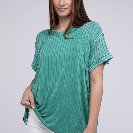 Ribbed Raglan Dolman Sleeve Boat-Neck Top