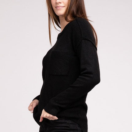 Melange Hi-Low Hem Round Neck Sweater