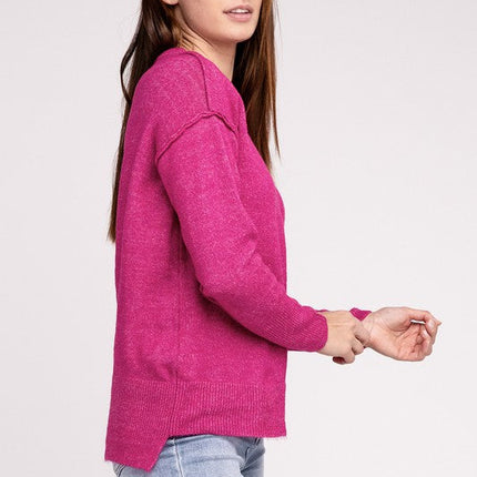 Melange Hi-Low Hem Round Neck Sweater