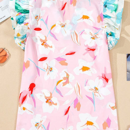 Multicolour Floral Patchwork Frill Notched Neck Ru
