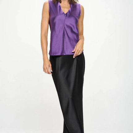 Violet Satin Vibrant V neck Sleeveless Top