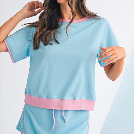 Luxury Colorblock Edge Drop Shoulder T Shirt and Skort Set