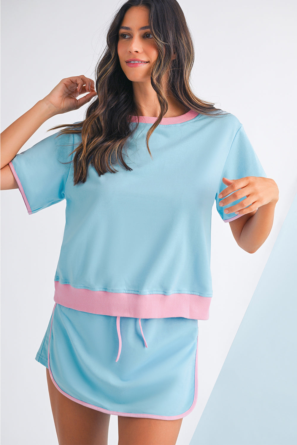 Luxury Colorblock Edge Drop Shoulder T Shirt and Skort Set