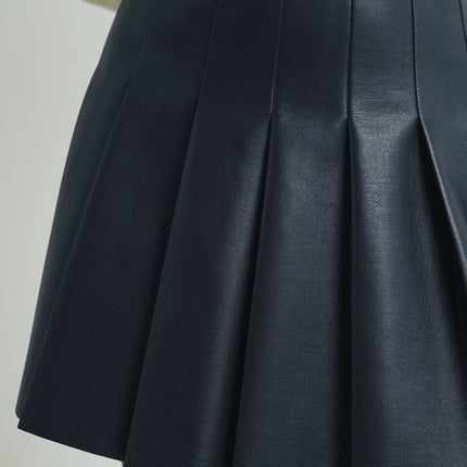 Solid Pleated Leather Mini Skirt