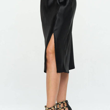 Black Satin Midi Skirt with Slit
