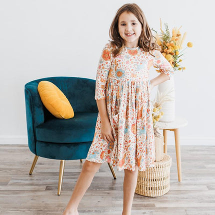 Retro Unicorns 3/4 Sleeve Pocket Twirl Dress