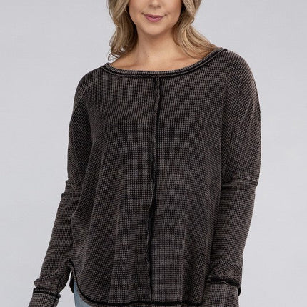 Plus Washed Baby Waffle Oversized Long Sleeve Top