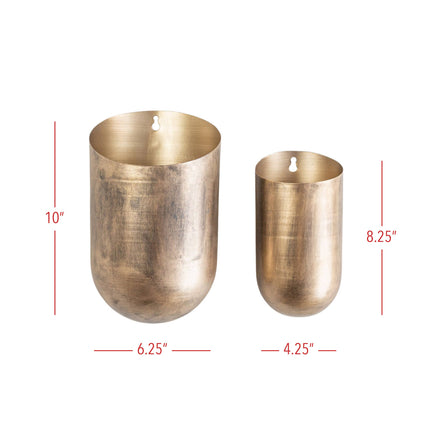 Set of 2 Brass Cylinder Wall Planter Pots