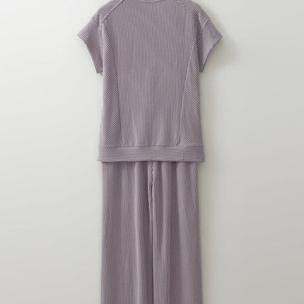 Luxury Solid Corded Short Sleeve T Shirt And Wide Leg Pants Set