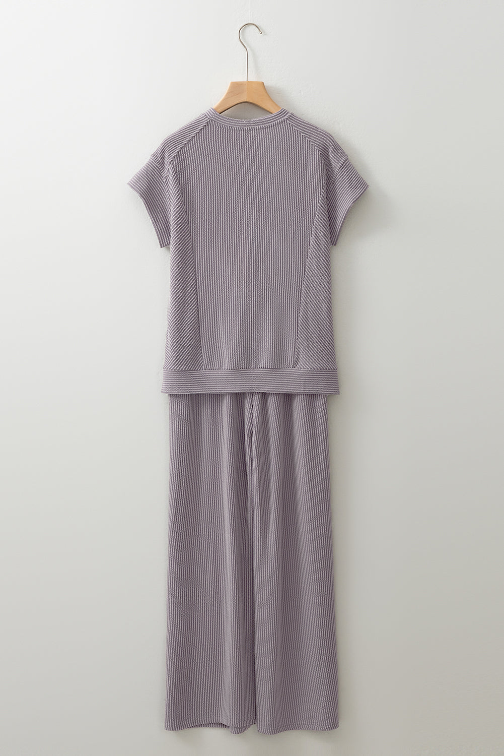 Luxury Solid Corded Short Sleeve T Shirt And Wide Leg Pants Set