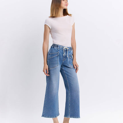 High Rise Flare Denim with Drawstring Waist