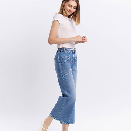 High Rise Flare Denim with Drawstring Waist