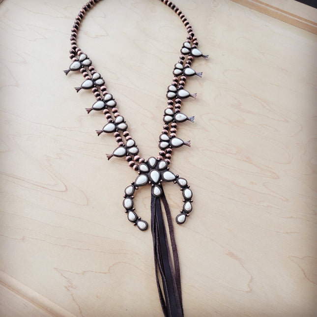 **White Turquoise Squash Blossom Necklace w/ Dark Brown Tassel 261z