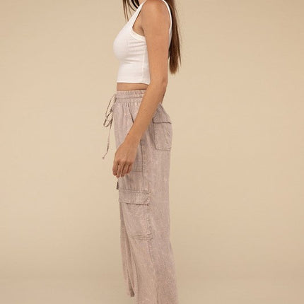 Washed Linen Elastic Band Waist Cargo Pants