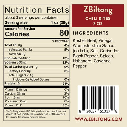 Zbiltong Authentic South African Kosher Biltong - Chili Bites, Grass-Fed Beef (3 oz)