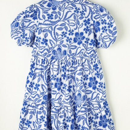 Blue Flower Print Puff Sleeve Tiered Dress