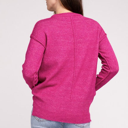 Melange Hi-Low Hem Round Neck Sweater