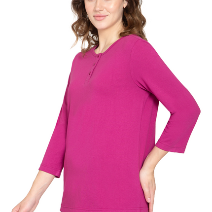 Women's 3/4 sleeves Henley in Cotton Blend with Button Placket