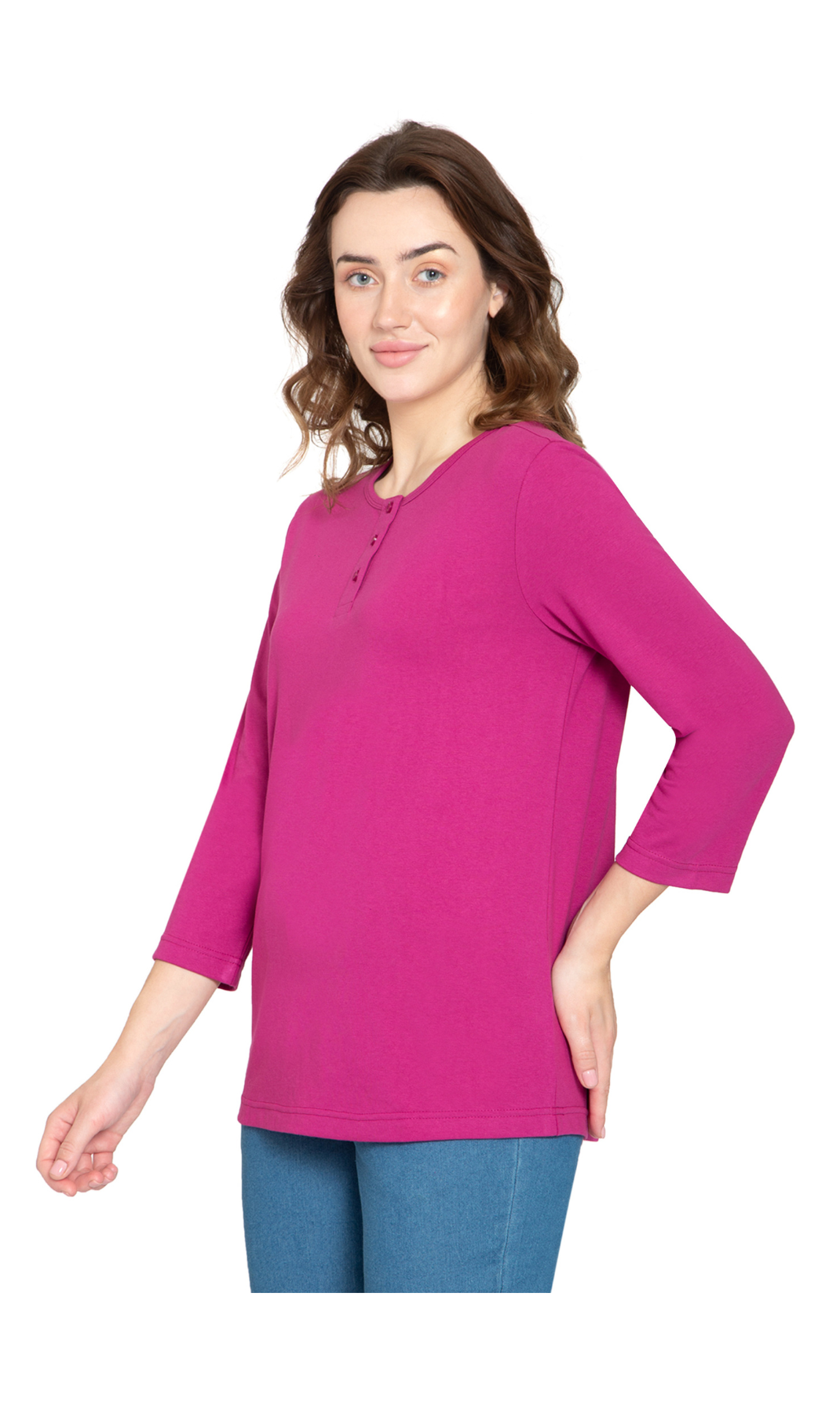 Women's 3/4 sleeves Henley in Cotton Blend with Button Placket