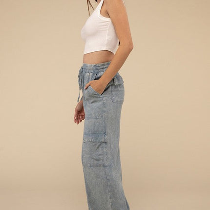 Washed Linen Elastic Band Waist Cargo Pants