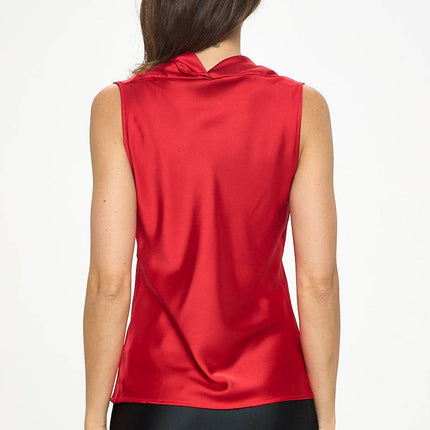 Red Silky Satin Vibrant V Neck Sleeveless Top
