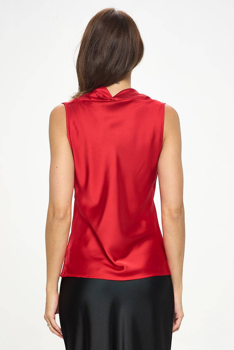 Red Silky Satin Vibrant V Neck Sleeveless Top
