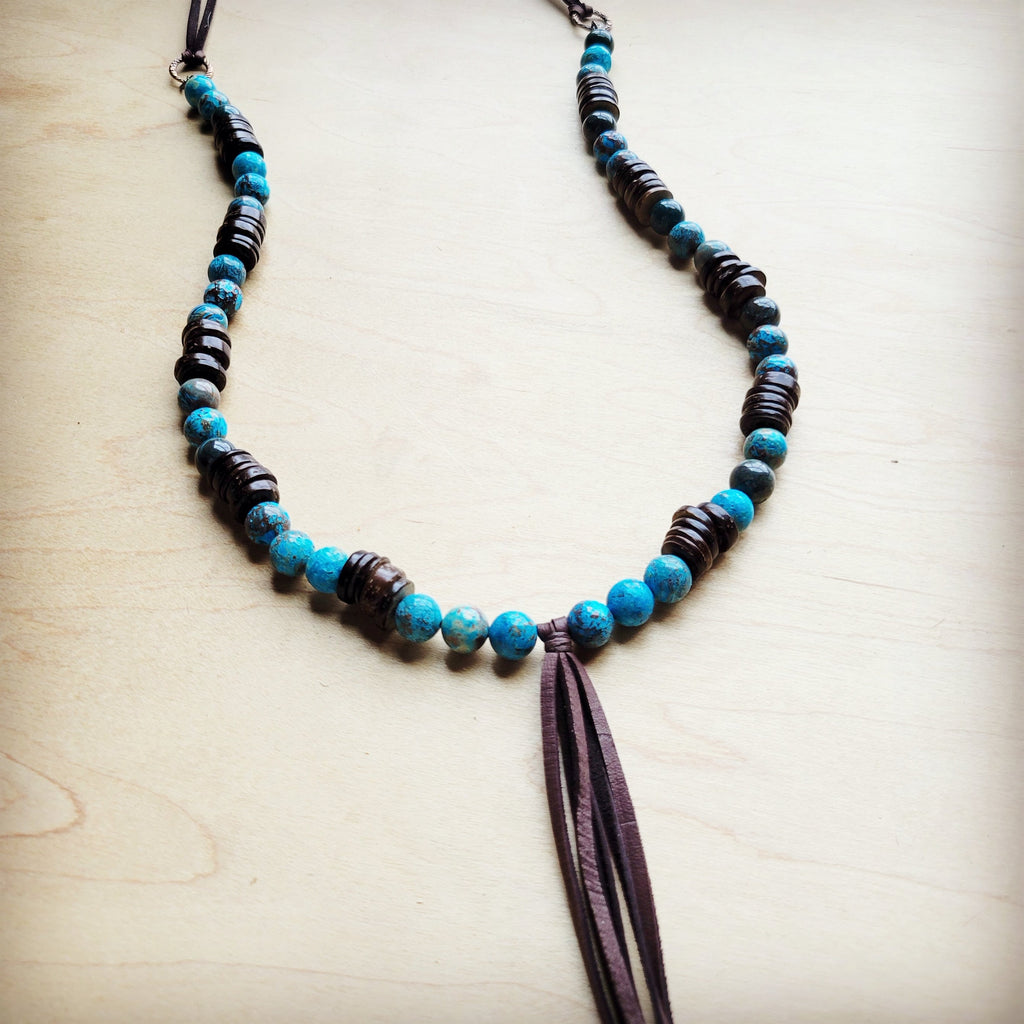 Ocean Agate Necklace with Wood Beads and Leather Tassel 260b