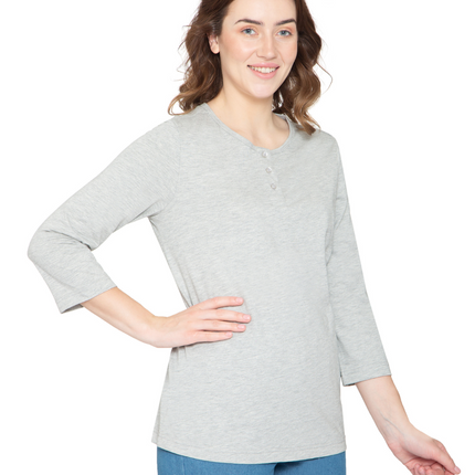 Women's 3/4 sleeves Henley in Cotton Blend with Button Placket